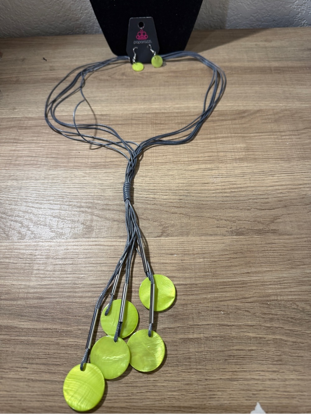 Paparazzi Neon Lime Disc Multi-Strand Tassel Necklace with Matching Earrings